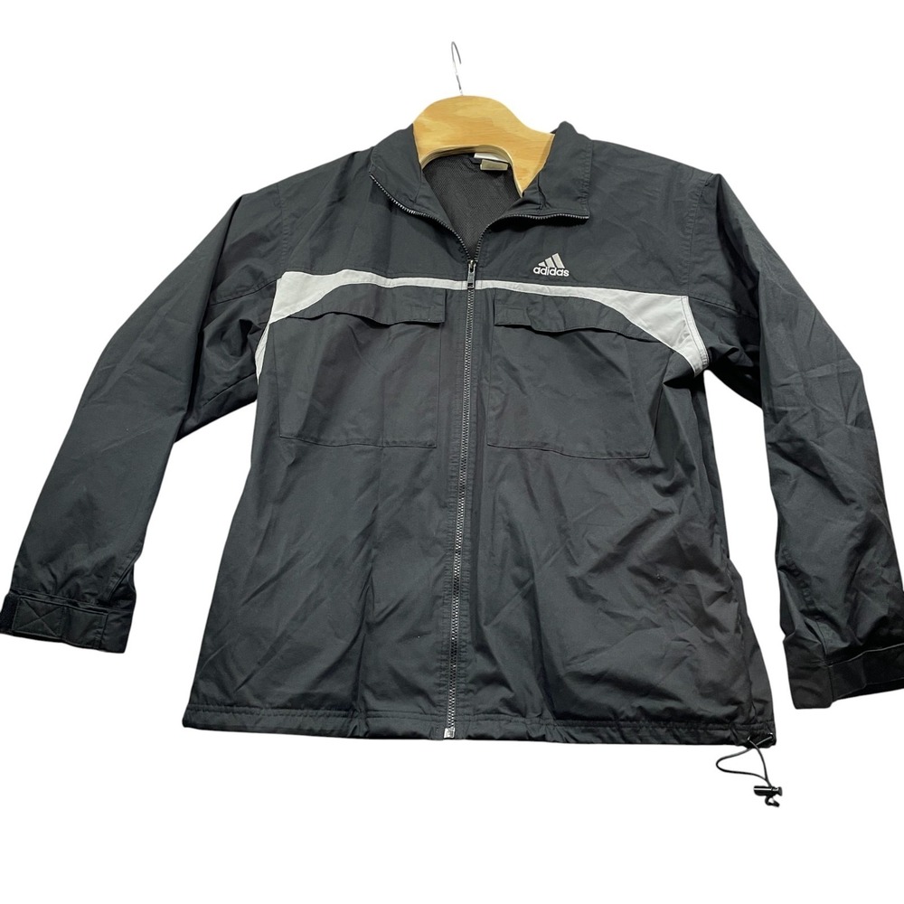 Adidas Large Mens Black Silver Jacket Windbreaker 100% Polyester‎ Pockets